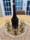 Vintage Mcm Hand Turned Wood Decanter Set 6 Amber Glass Cordial Glasses Barware