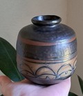 Small Mid Century Pottery Vase Brown Stripes Abstract Raised Design 4  Natural 