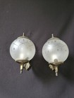 Antique Vintage Pair Brass Glass 1 Light Sconces Wall Lights 