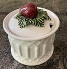 Vintage White Ceramic Strawberry Jam Jelly Jar With Indention For Spoon Preserve