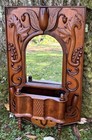 Antique Victorian Carved Oak Wall Mirror W  Wall Pocket Box Shelf Acorn   Leaf