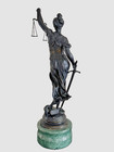 Bronze Lady Of Justice Statue Signed A  Mayer  Green Marble Base Legal Sculpture