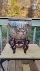 Chinese Ceramic Fish Bowl Planter With Animal Motif And Wooden Stand