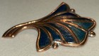 Vintage Bartha A Signed Copper Enamel Leaf Brooch Blue Teal Mcm Artisan 2 75   