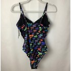 Puma Nwt Med Allover Logo Print Black Multi Neon One Piece Swimsuit