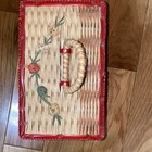 Vintage 1960s Red   White Woven Wicker Sewing Basket Box Silk Satin Lining Child