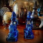 Pair Of Mid-century Modern Le Smith Blue Glass Rearing Horse Bookends