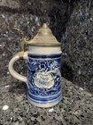Vintage German Decorative Mug Lidded Beer Stein Blue Gray Ceramic 7  5 