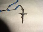 Vintage Sterling   Blue Beaded Small Dainty Rosary Necklace Jesus Cross Christ