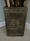 Brass Umbrella Stand Nautical Ship Relief Wood Box Repose Ash Fireplace Antique
