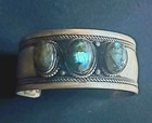 Antique Silver Tone Metal Cuff Bracelet Vintage Boho Style With Labradorite Set