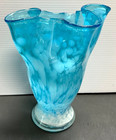Blue White Ruffled Rim Speckled Art Glass Vase 5 1 2 Inch Elegant Artsy Beautifu