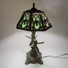 Antique Art Nouveau Slag Glass Boudoir Lamp Green 8 Panel Cherub Putti Figural