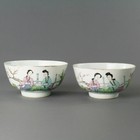 Pair Antique Chinese Famille Rose Hand-painted Bowls Late 19th early 20th C