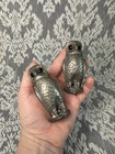 Pair Antique Victorian Owl Pounce Pots Pepper Shakers Silverplate Glass Eyes