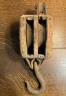 Antique Wood Double Pulley Block W  Iron Hook 12    Barn Farm Nautical Rustic Tool