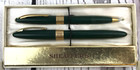Vtg W a  Sheaffer   s Fountain Pen Pencil Desk Set 14k Gold Nib Green Gold Usa
