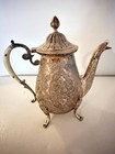 Antique Silverplate Coffee   Tea Pot Ornate Floral Design Footed Etched Markings