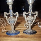 Early Antique Pair Of Art Nouveau Boudoir Lamps Cast Iron Basket Blue Vintage
