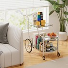 Serving Cart Kitchen Bar Wine Tea Cart Glass Shelves   Metal Frame With Wheels