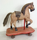 Antique Primitive Wooden Horse Iron Wheels Horse Hair Childs Pull Toy 15   x14   