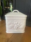 White Glazed Ceramic Box W Lid Embossed Fruit Design Vintage Portugal 8x8x8 5