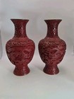 Pair Vintage Chinese Red Carved Dragon Floral Cinnabar Lacquer Vases 8  Nice  