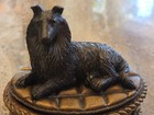    vtg Rough Collie Sheltie Dog Trinket Lidded Box Shamrocks Clover Bronze Finish