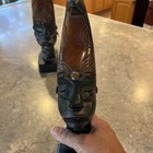 Pair Vintage Hand Carved Wood African Tribal Face Sculptures Folk Art Figurines