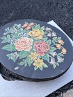 Vintage Oval Metal Sewing Tin Black Floral Roses Needlework Button Storage Box