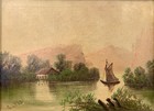 19thc Antique Oil Painting Victorian Sailboat Lake American School Signed