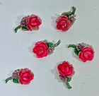 Vintage 1930 s-1940 s 6 Early Plastic Pink  Green  Purple Rose Flower Appliques