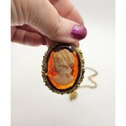 Vintage Left Facing Cameo Pendant Necklace Embossed Cable Chain Rootbeer Acrylic
