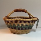 Nwt  Bolga Basket Hand Woven Elephant Grass Ghana Leather Handled Purple Blue 