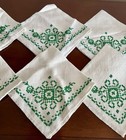 Vtg Linen Napkins Set Of 10 Hand Embroidered Green Floral Cross Stitch 15 x15 