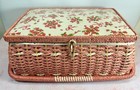Vtg Dritz Pink   White Woven Sewing Basket W  Tray   Spool Holders japan  6074