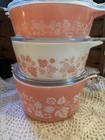 Lot Of 3  Vintage Pyrex Pink Gooseberry Casserole Set With Lids    471  472  473