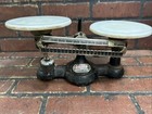 Vintage Ohaus Balance Scale Double Beam Metal Milk Glass Pans