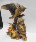 Brown Owls Porcelain Figurine Hand Painted Red Berries