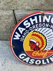 Vintage Washington Gasoline Sign - Indian Chief Gas Porcelain Service Pump Sign