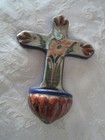 Vtg  Tonala Pottery Holy Water Font Wall Pocket Cross Dove Handmade Mexico 7 5 t