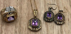 Vtg Sterling Silver Vermeil Amethyst Ring Pierced Earrings And Necklace Set