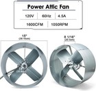 15 Inch Exhaust Fan vent Attic Fan W thermostat 1600cfm 2400 Sqf Low Noise Gable