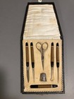 Antique C  1920 Bakelite Sewing Set Needle Case Tools Scissors Sterling Thimble