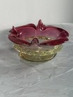 Victorian Antique 5    Cranberry Vaseline Ruffled Glass Dish Superficial Crack Pic