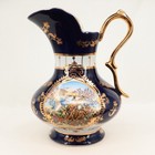 Large Antique French Limoges Cobalt Blue Gold Trim Pheasant Scenic Pitcher 12in