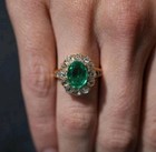 14k Solid Yellow Gold Natural Zambia Green Emerald   Diamond Vintage Loock Ring