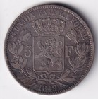 1849 Belgium Leopold I 5 Francs Silver Coin