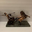 Vintage Roman Warrior Gladiator Chariot Marble Base Horse Statue Copper  Bronze 