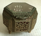 Vtg Footed Gold Ormolu Filigree 3        Jewelry Casket Trinket Box W beveled Glass